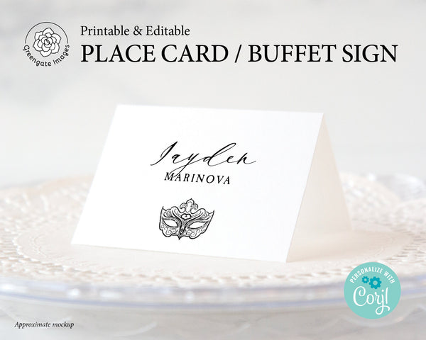 Black Masquerade Place Cards - Mardi Gras Decor, Editable Table Buffet Card, Food Sign, Food Label, Tented Card, Venetian Mask, Corjl
