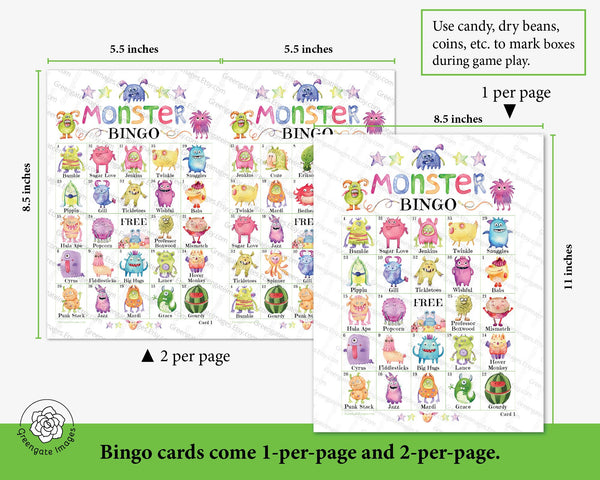Monster Bingo - 50 PRINTABLE unique cards. Instant digital download PDF. Fun and cute activity for kid parties & rainy days. Boys and girls.