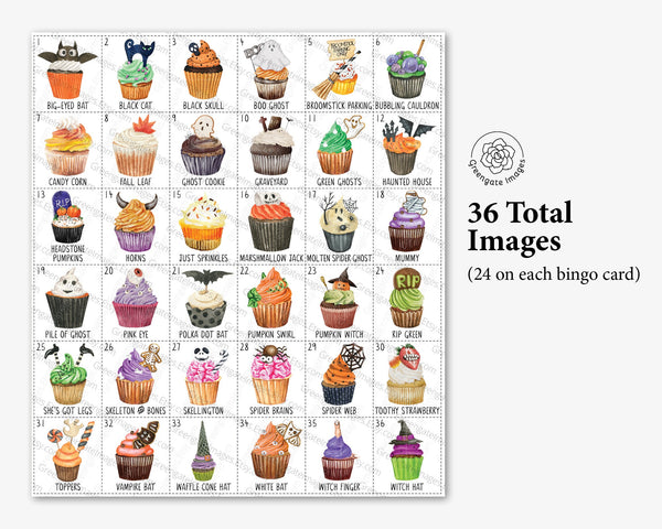 Halloween Cupcake Bingo - 50 PRINTABLE unique cards w/watercolor pictures, numbers, & caption/title below each item. Calling card included.