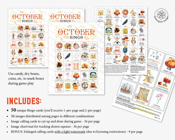 October Bingo - 50 PRINTABLE unique cards. Instant digital download PDF. Fun activity for fall babies, autumn potlucks & picnics.