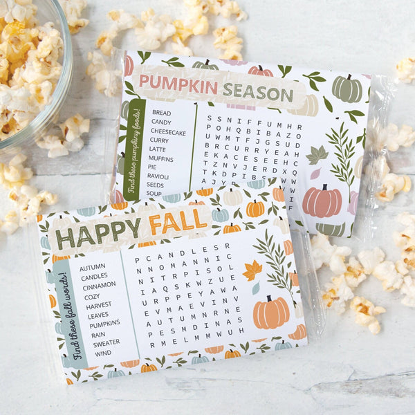 Fall Popcorn Wrapper Duo - PRINTABLE microwave popcorn wrapper PDF ready to download. Two autumn designs w/ word finds. Classroom handout.