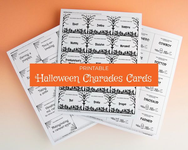 Halloween Charades Cards - 90 PRINTABLE items in 6 categories. Instant digital download PDF. Elementary school-age kids, preteens, teenager.