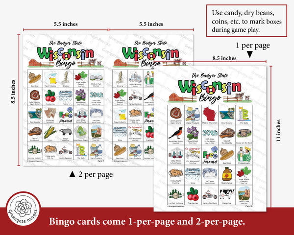 Wisconsin Bingo Cards - 50 PRINTABLE unique cards download instantly. Fun WI state activity for kids-seniors. Educational homeschool game.