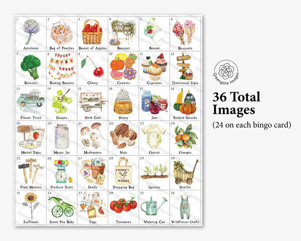 Locally Grown/Farmer's Market Baby Bingo - 50 PRINTABLE, unique bingo cards. Download. Personalized editable fillable PDF. Add text Adobe.