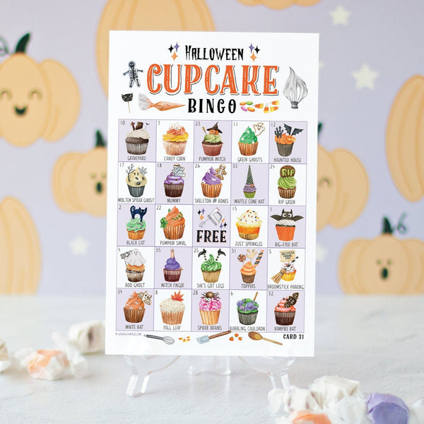 Halloween Cupcake Bingo - 50 PRINTABLE unique cards w/watercolor pictures, numbers, & caption/title below each item. Calling card included.