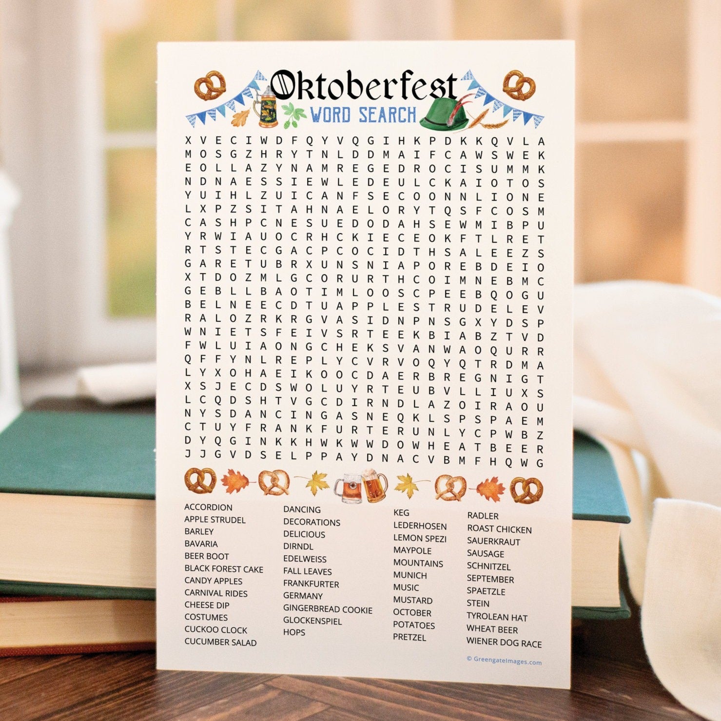 Oktoberfest Word Search - Big PRINTABLE 45-word find. Instant download PDF activity, half page & full page. Entertainment for adult guests.