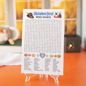 Oktoberfest (Non-Alcoholic) Word Search - Big PRINTABLE 40-word find. Instant download PDF activity, half page, full page fun entertainment.
