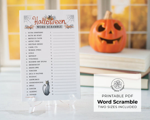Halloween Word Scramble - PRINTABLE downloadable activity. Cute & fun word game, adults, older kids. Large print, color or black and white.