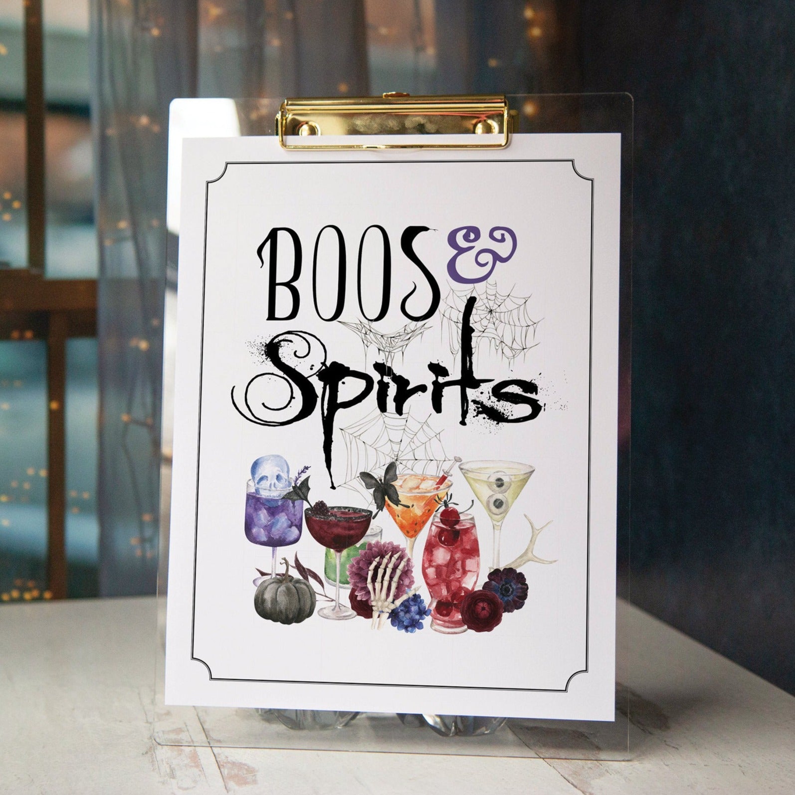 Boos & Spirits Halloween Sign - PRINTABLE 8.5x11" and 8x10" full color sign for bar, cocktails and alcohol serving table. Adult party decor.