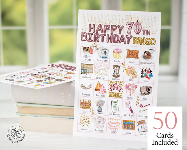 70th Birthday Bingo - 50 PRINTABLE unique cards. Instant digital download PDF. Blush, rose pink tones with watercolor art. Woman's birthday.