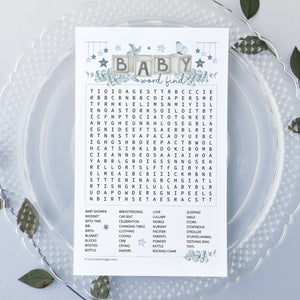 BLUE Baby Word Find - PRINTABLE downloadable activity. Baby shower word search for guests, adults & older kids. Beautiful artwork aesthetic.