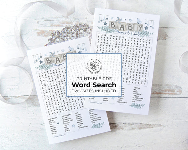 BLUE Baby Word Find - PRINTABLE downloadable activity. Baby shower word search for guests, adults & older kids. Beautiful artwork aesthetic.