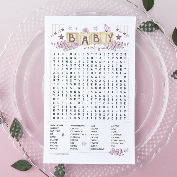 PINK Baby Word Find - PRINTABLE downloadable activity. Baby shower word search for guests, adults & older kids. Beautiful artwork aesthetic.
