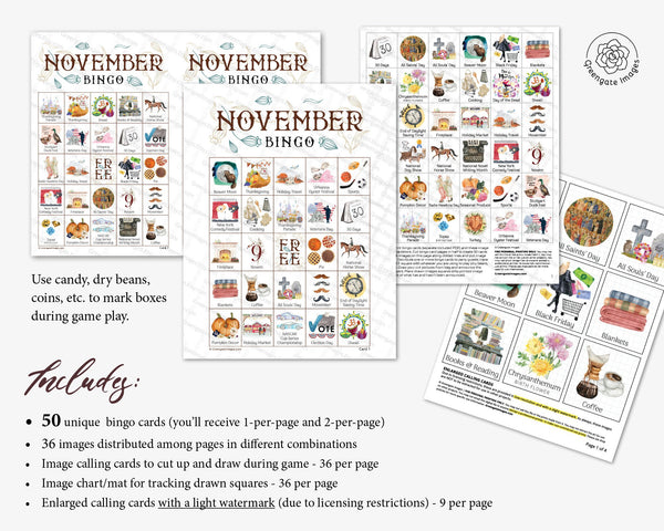 November Bingo - 50 PRINTABLE unique cards. Instant digital download PDF. Fun activity for fall babies, potlucks, Veterans Day, homeschool.
