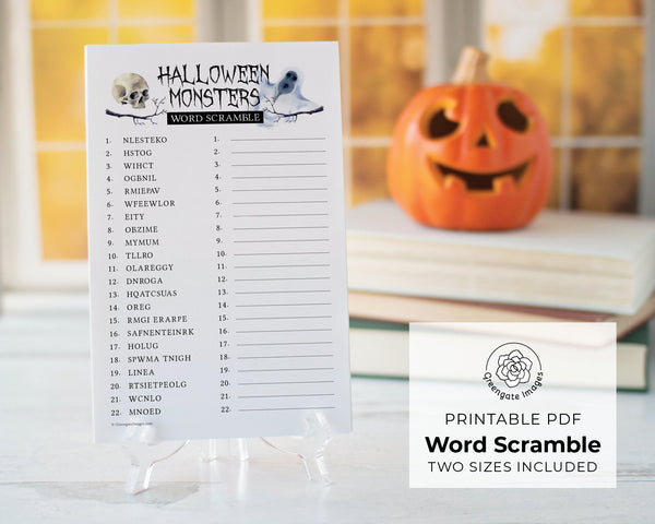 Halloween Monsters Word Scramble - PRINTABLE downloadable activity. Word game guests, adults & older kids. Large print, color or black/white