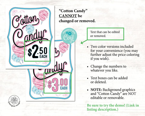 Cotton Candy Sign - PRINTABLE Corjl 8.5x11" sign template. Pink & blue for sale sign w/ price. Change/customize/edit price amount.