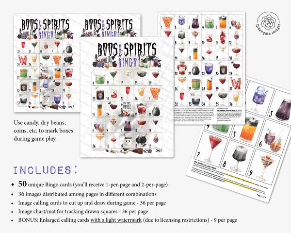 Halloween Cocktail Bingo Game - 50 PRINTABLE unique cards. Instant digital download PDF. Fun activity for adults, bachelorette parties.