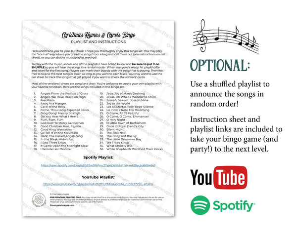 Christmas Hymn Bingo - 50 PRINTABLE unique cards. Instant download PDF. Fun musical activity for church groups, choirs, & christian events.
