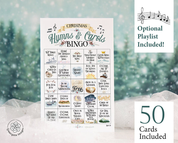 Christmas Hymn Bingo - 50 PRINTABLE unique cards. Instant download PDF. Fun musical activity for church groups, choirs, & christian events.