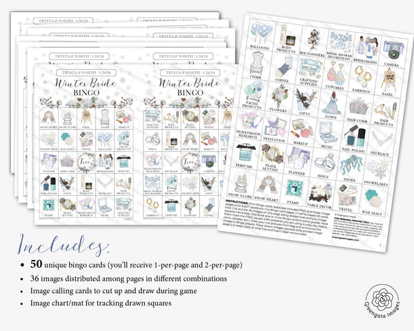 Winter Bridal Bingo Cards - PRINTABLE set w/50 unique cards. Instant download PDF. Personalize the header & title text using Adobe Reader.
