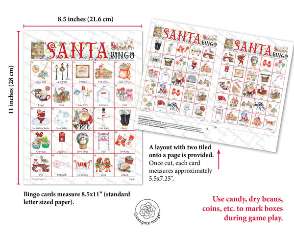 Santa Bingo - 50 PRINTABLE unique cards. Instant digital download PDF. Christmas Eve game for kids featuring Santa Claus and the North Pole.
