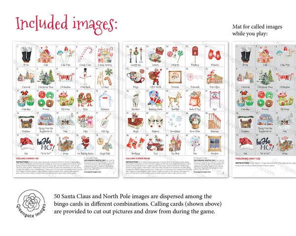Santa Bingo - 50 PRINTABLE unique cards. Instant digital download PDF. Christmas Eve game for kids featuring Santa Claus and the North Pole.