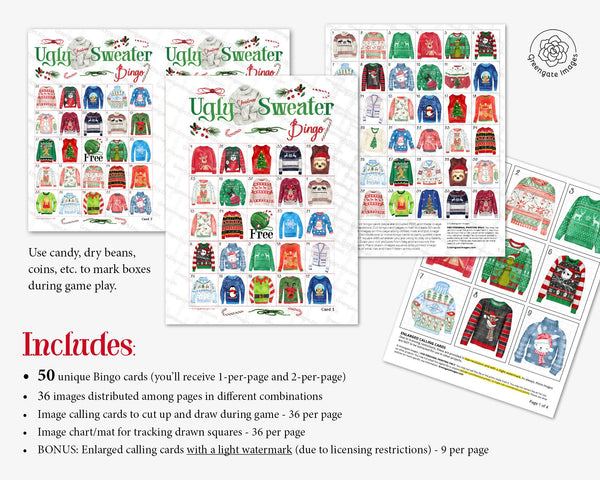 Ugly Christmas Sweater Bingo - 50 PRINTABLE unique cards. Instant digital download PDF. Fun activity for ugly sweater parties @ home/office.