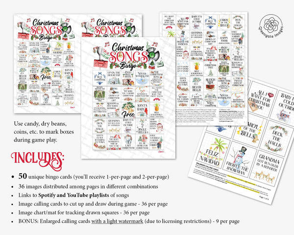 Christmas Song Bingo - 50 PRINTABLE unique cards. Instant download PDF. Fun musical activity for office parties, caroling, classroom, kids.