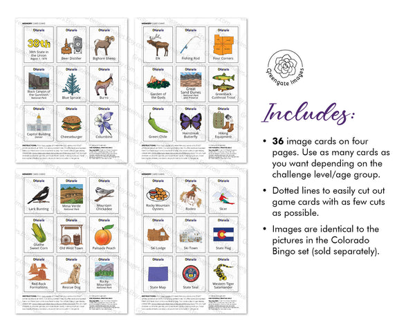 Colorado Memory Game - PRINTABLE downloadable activity PDF. Matching game. 36 picture cards representing symbols & aspects of the US state.