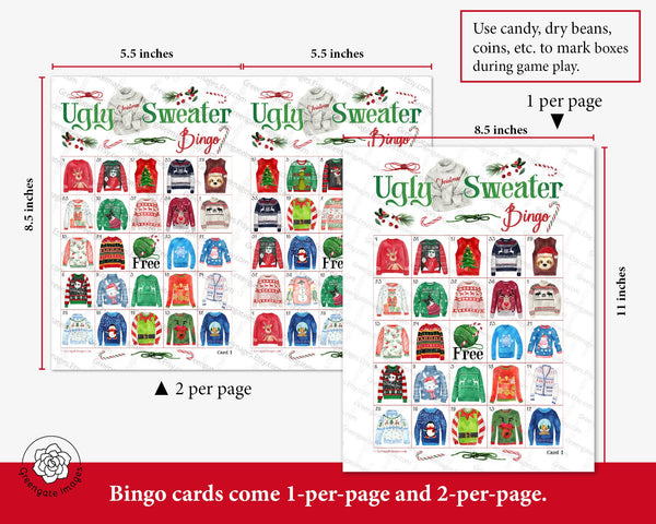 Ugly Christmas Sweater Bingo - 50 PRINTABLE unique cards. Instant digital download PDF. Fun activity for ugly sweater parties @ home/office.