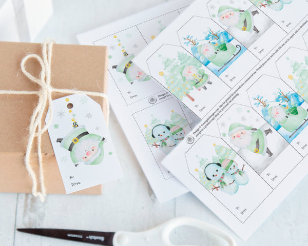 Mint Santa Gift Tag Set - PRINTABLE 2x3.5" tags PDF page. To & from space included. Instant digital download, cute pastel Christmas kids.