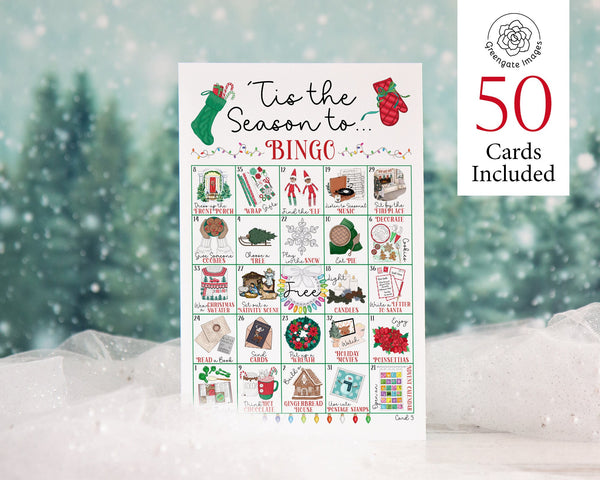 Tis the Season Christmas Bingo - 50 PRINTABLE unique cards. Instant download PDF. Advent countdown activity with fun Xmas bucket list items.