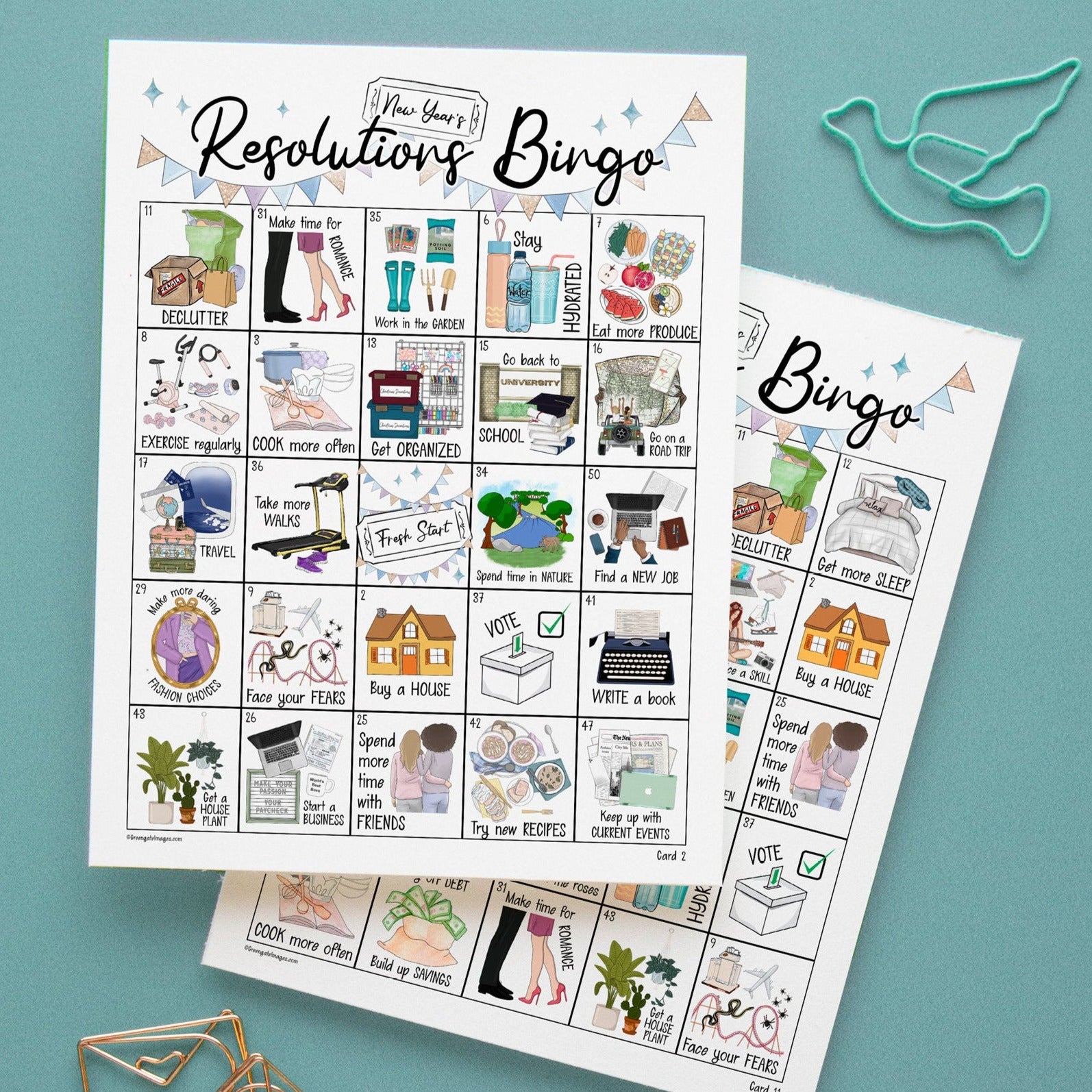 New Year's Resolutions Bingo - 50 PRINTABLE unique cards. Instant digital download PDF. New Year's Day game of goals for teens and adults.