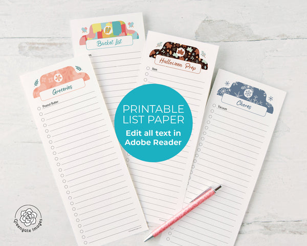 Printable List Paper - Editable/Fillable Instant Download PDF. To-Do Lists, Cute Template, Organization Planning, Spring Summer Fall Winter.