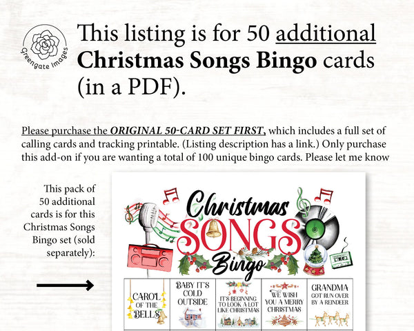 ADD-ON: 50 additional Christmas Songs Bingo cards (numbered 51-100) to go with the original game that is sold separately