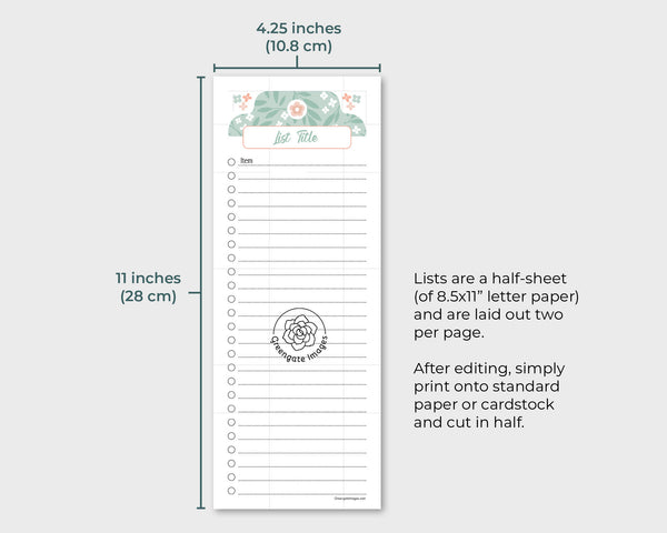 Printable List Paper - Editable/Fillable Instant Download PDF. To-Do Lists, Cute Template, Organization Planning, Flowers Botanical Leaves.
