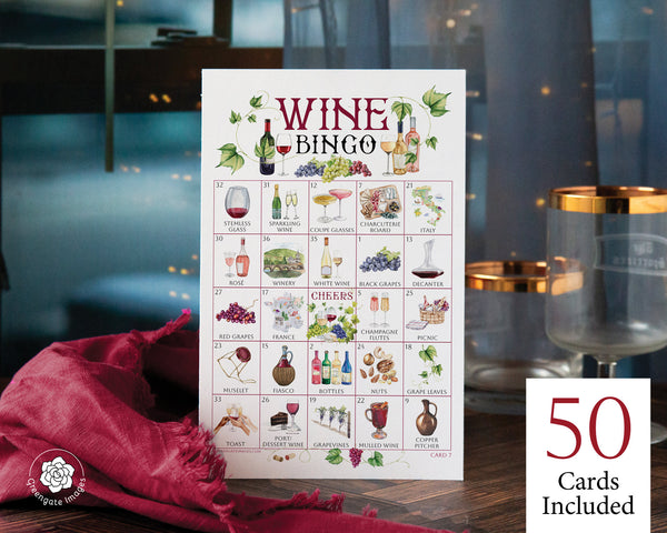 Wine Bingo - 50 PRINTABLE unique cards. Instant digital download PDF. Fun adult activity for wine tasting, vineyards, and winery trips.