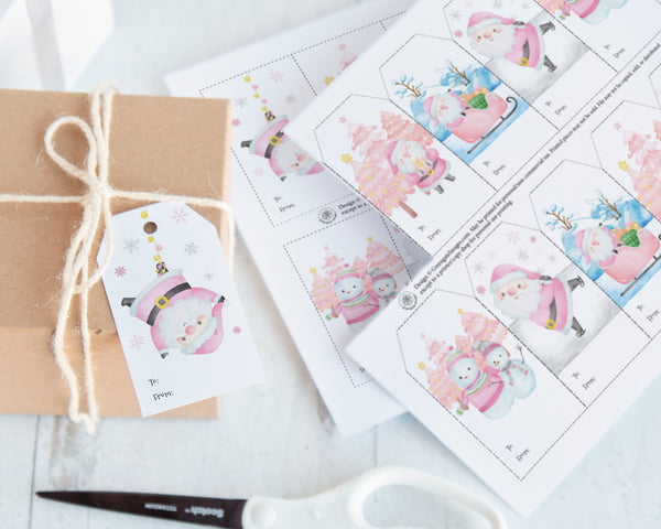 Pink Santa Gift Tag Set - PRINTABLE 2x3.5" tags PDF page. To & from space included. Instant digital download, cute pastel Christmas girls.