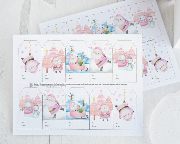 Pink Santa Gift Tag Set - PRINTABLE 2x3.5" tags PDF page. To & from space included. Instant digital download, cute pastel Christmas girls.