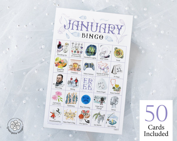 January Bingo - 50 PRINTABLE unique cards. Instant digital download PDF. Fun activity for winter babies, potlucks, seniors, and homeschool.