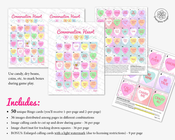 Conversation Heart Bingo - 50 PRINTABLE unique cards w/watercolor pictures and numbers. Digital download PDF. Galentine's Day party idea.