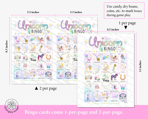 Unicorn Bingo (for kids) - 50 PRINTABLE unique cards w/watercolor pictures and numbers. Digital download PDF. Children's party idea-big set.