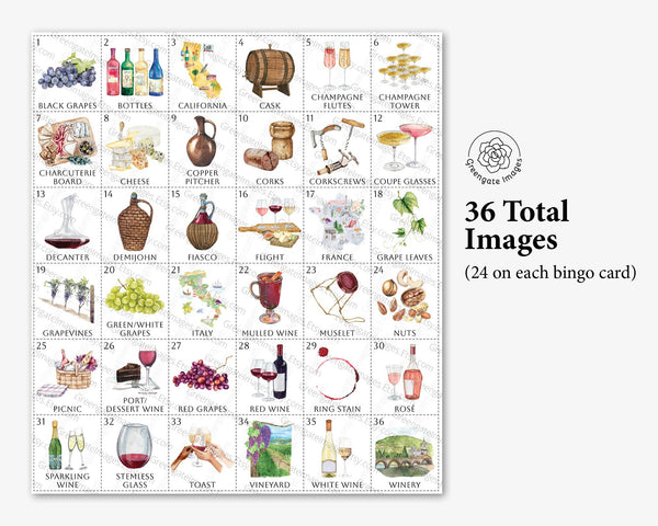 Wine Bingo - 50 PRINTABLE unique cards. Instant digital download PDF. Fun adult activity for wine tasting, vineyards, and winery trips.