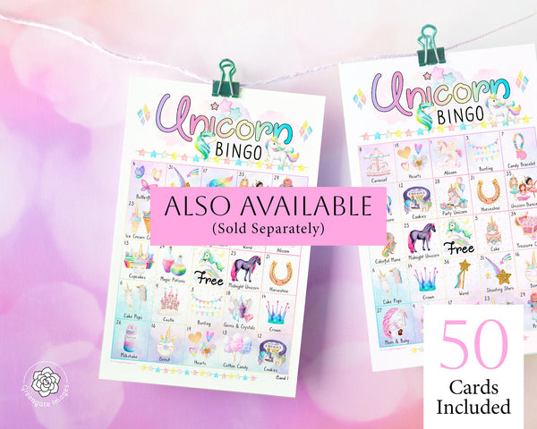 Unicorn Bingo II - 50 PRINTABLE unique cards w/watercolor pictures and numbers. Digital download PDF. Older kids/teen parties. Baby shower.