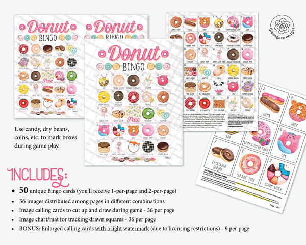 Donut Bingo - 50 PRINTABLE unique cards. Instant digital download PDF. Fun activity for donut-themed birthdays, office parties, & all ages.