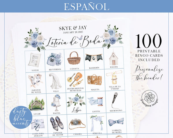 Dusty Blue Lotería de Boda - 100 PRINTABLE bingo cards in Spanish. PDF download, personalized couples shower, reception, bachelorette party