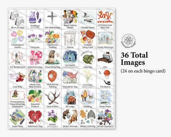 February Bingo - 50 PRINTABLE unique cards. Instant digital download PDF. Fun activity for Groundhog Day, potlucks, seniors, and homeschool.