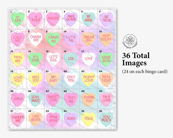 Conversation Heart Bingo - 50 PRINTABLE unique cards w/watercolor pictures and numbers. Digital download PDF. Galentine's Day party idea.