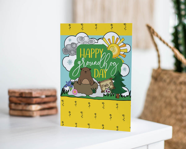 Groundhog Day Card - PRINTABLE greeting card, A7 5x7", blank inside. Digital download PDF - instantly download and print at home.