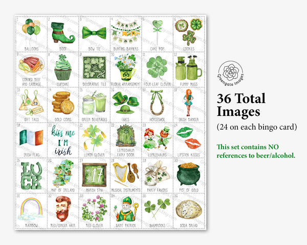 St. Patrick's Day (non-alcoholic) Bingo - 50 PRINTABLE unique cards. Instant digital download PDF. Fun activity for kids' St. Paddy's Party.